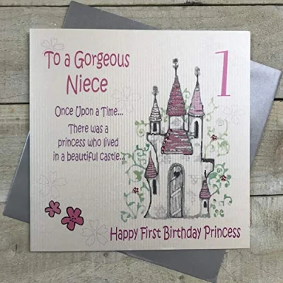 Image of white cotton cards Large Princess Castle To a Gorgeous Niece 1&quot; Handmade Fairy Tale 1st Birthday Card, XGL2 n