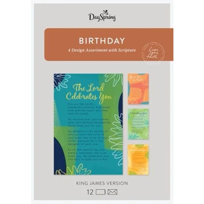Image of DaySpring Celebrating You Birthday King James Version 4 Design Assortment with Scripture 12 Geometric Botanical Boxed Cards &amp; Envelopes (J5127)