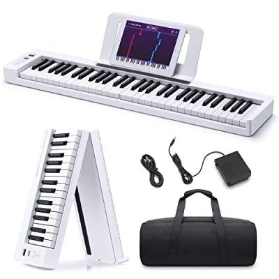 Image of Donner Folding Piano Keyboard, 61 Keys Sensitive Electric Piano, Portable Beginner Digital Foldable Keyboard with Music Rest, Bag, Pedal, APP, DP 06 White