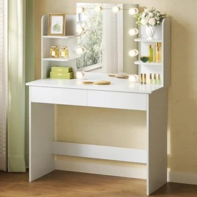 Image of WOLTU Dressing Table with LED Lights, Vanity Adjustable Brightness Mirror, Makeup Desk 2 Drawers and Open shelves, Wooden Modern Bedroom Dresser, 90x40x135cm, White, MB6096ws