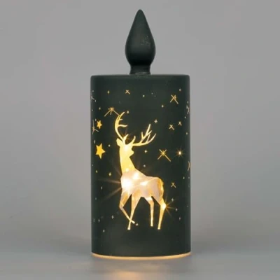 Image of SHATCHI 22cm Christmas Decorated Lantern Candle Table Lamp Etched Glass Tube Xmas Black Cylinder LED Fairy Lights Battery Operated Decoration