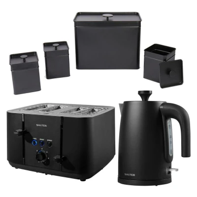 Image of Salter COMBO 8859 Kuro Set with Storage Canisters, Bin, Tea/Coffee/Sugar Tins, 1.7L Fast Boil Kettle, 4 Slice Toaster, Self Centring Bread Guides, 3kW/1850W, Black