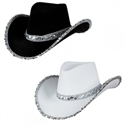 Image of A2ZFD Pack of 2 x Texan Cowboy Hats (1 White Sequin + 1 Black Sequin) : Wild West Ladies Womens Cowgirl Hen Night Fancy Dress Accessory