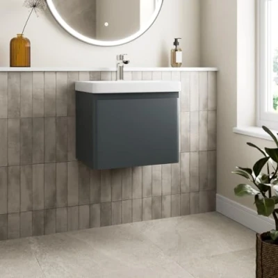 Image of Affine® 500mm Vanity Unit Wash Basin Sink Bathroom Wall Mounted Storage Cabinet Cupboard Cloakroom, Soft Close Drawer, Anthracite Grey