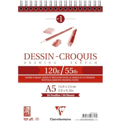 Image of Clairefontaine Ref 96616C Wirebound White Drawing Sketch Pad (50 Sheets) A5 Sized, 120gsm Paper, &amp; Smooth Acid Free, pH Neutral