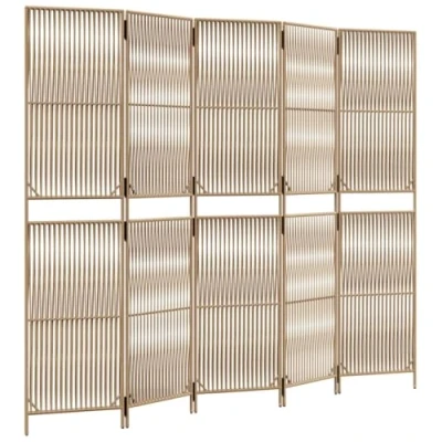 Image of vidaXL Beige Poly Rattan 5 Panel Room Divider Privacy Screen for Office/Living Room/Bedroom/Outdoor Space with Line Weaving Design, Flexible Foldable Frame, and Easy Clean Surface, 245x200cm