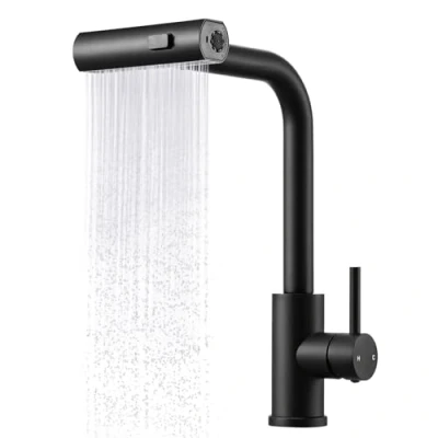 Image of Peppermint Matt Black Kitchen Taps with Pull Out Spray Waterfall Tap Hose Stainless Steel Sink Mixer Single Lever 1 Hole 3 in Faucet