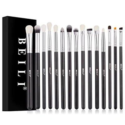 Image of BEILI Professional Eye Makeup Brush Set,15 Pieces Synthetic and Natural Hair Eyeshadow Eyeliner Eyebrow Blending Concealer Make up Brushes (Black/Silver)