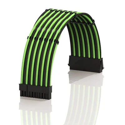 Image of LINKUP AVA 30cm ATX 24 Pin (20+4) Motherboard PSU Braided Sleeved Power Supply Extension Cable w/Combs Strong &amp; Stiff Design Single Pack 300mm GreenBlack