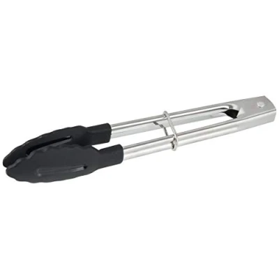 Image of Fackelmann Multi Purpose Kitchen Tongs PBT Length 18cm, Heat Resistant to 220C, Non Stick Cookware Safe, Locking Mechanism, Scalloped Head, Dishwasher Silver &amp; Black