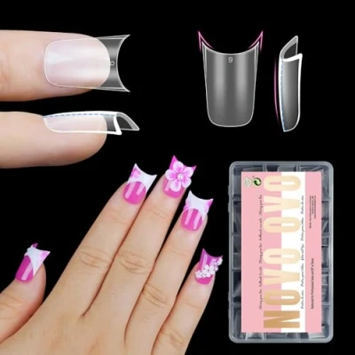 Image of NOVO OVO Extra Short Thick Duck Feet Nail Tips with Moon Curve Full Cover for Press on Acrylic, Clear Pre Etched Matter Flare Wide French Soft Gel Fake False Extension x 15 Sizes 240 pcs
