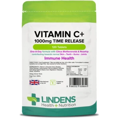 Image of Lindens Vitamin C+ 1000mg 120 Tablets Time Release with Citrus Bioflavonoids and Rosehip Contributes to Immune System Health, Reduces Tiredness Supports Healthy Skin Teeth
