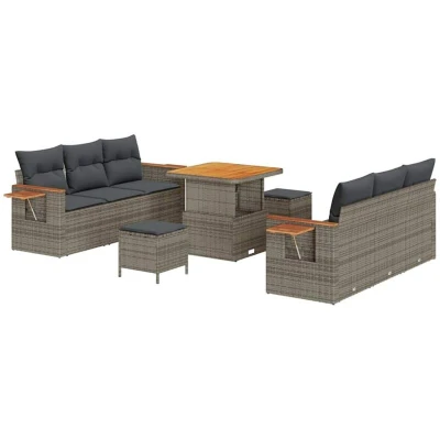 Image of vidaXL 9 Piece Garden Sofa Set with Cushions Grey Poly Rattan Acacia