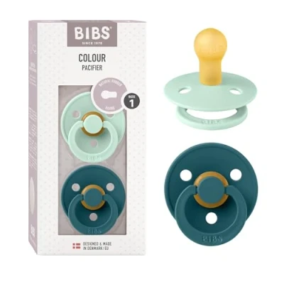 Image of BIBS Colour Soother 2 Pack, BPA Free Dummy Pacifier, Round Nipple. Natural Rubber Latex, Size 1 (0 6 Months), Nordic Mint/Forest Lake