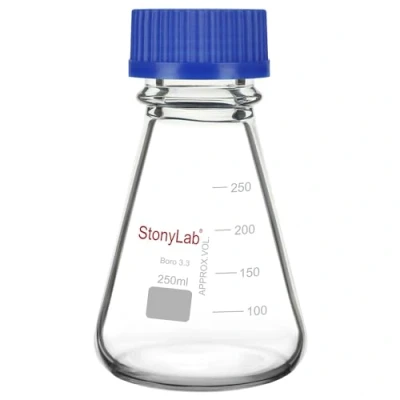 Image of stonylab Erlenmeyer Flask with Blue Screw Cap Graduated Lab Borosilicate Glass Conical Flask, 250 ml