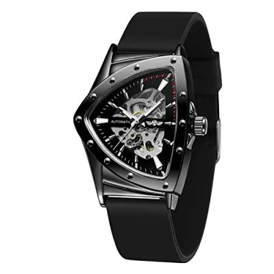 Image of FORSINING New Men Waterproof Skeleton Triangular Mechanical Wrist Watch with Silicone Strap, Fully Black, Modern