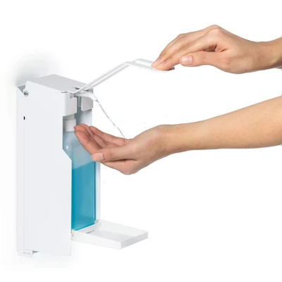 Image of Durable 589302 Wall Mounted Dispenser for Disinfectant or soap, with long Arm lever, Flexible Bdjustment to bottle Sizes Up 500 ml, White