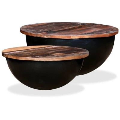 Image of vidaXL Coffee Table Set 2 Pieces Solid Reclaimed Wood Black Bowl Shape