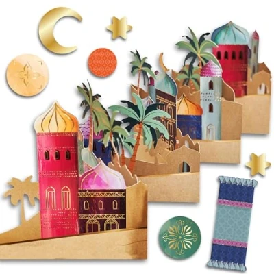 Image of Papierdrachen Ramadan Table Decoration Garland to Stand Up with Elegant Motif Colourful Houses and Includes Confetti Gold Foiled Eid Mubarak Sugar Festival