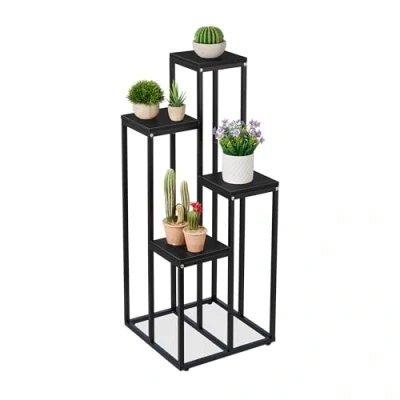 Image of Relaxdays Plant Stand, Modern Pot Holder with 4 Tiers, 80x40x40 cm, Black Metal Frame, MDF Shelving Space Saving, Alloy Steel