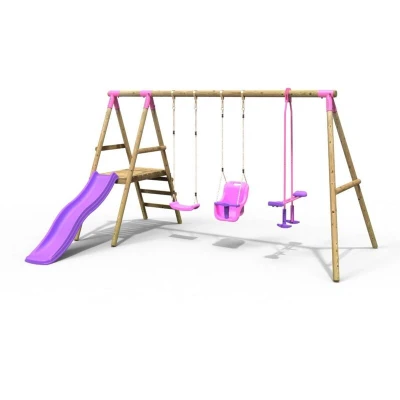 Image of Rebo® Wooden Swing Set with Platform and Slide Voyager Pink OutdoorToys Baby Seat, Glider Regular Seat Kids&#039; Outdoor Play Equipment for Gardens, Weather Resistant