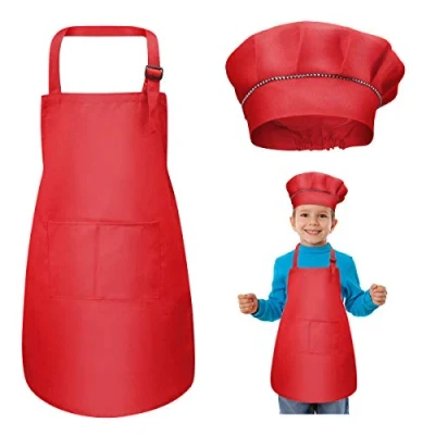 Image of WEONE Kids Apron and Chef Hat Set, Adjustable Children with 2 Pockets for Boys Girls, Toddler Kitchen Garden Bib Aprons Cooking Baking Painting Crafting (7 13 Year) (Red)