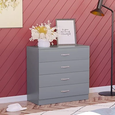 Image of Vida Designs Grey Chest of Drawers, 4 Drawer With Metal Handles and Runners, Unique Anti Bowing Support, Riano Bedroom Storage Furniture