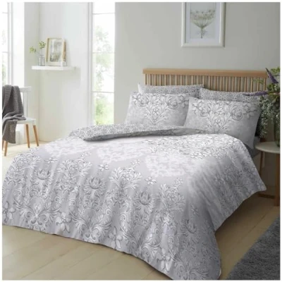 Image of GC GAVENO CAVAILIA 3Pieces Floral Double Duvet Set, Botanical Reversible Quilt Bedset With Printed Pillow Cases, Vintage Bedding Sets, Grey