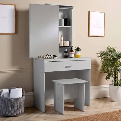 Image of Home Source Dressing Table, Sliding Storage Vanity Mirror and Stool, 1 Drawer, Grey