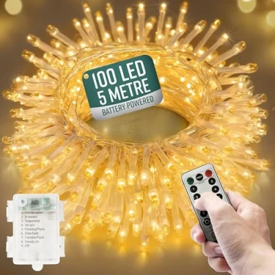 Image of GloBrite Garden Fairy Lights Battery Operated 100 LED String with Remote 8 Lighting Modes Indoor &amp; Outdoor Bedroom Aesthetic (Warm White LED)