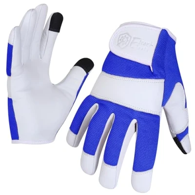 Image of Escort Tools® Heavy Duty Leather Gardening Work Gloves, Thorn Proof, Touch Screen, Utility Safety Working Gloves Breathable, Tear Resistant, High Dexterity Mechanic Unisex (Blue, XS)