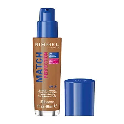 Image of Rimmel Match Perfection Foundation 501 Noisette, Medium Coverage, 24hr Hydration, No Caking or Creasing, Lightweight, Reduces Imperfections, Invisible SPF20, Cruelty Free