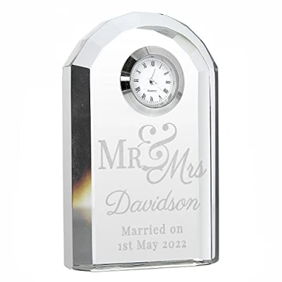 Image of CalEli Gifts Personalised Mr and Mrs Crystal Clock. Mantle Wedding
