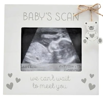 Image of Widdop and Co Baby Scan Frame White with Grey Hearts &amp; Hanging Bear Charm &#039;We Can&#039;t Wait To Meet You’ 4&quot; x 3&quot;