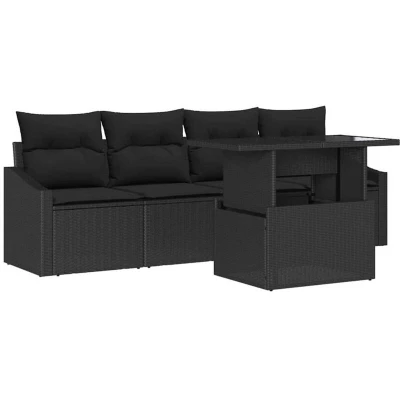 Image of vidaXL 5 Piece Garden Sofa Set with Cushions Black Poly Rattan