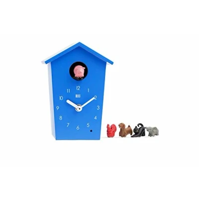 Image of KOOKOO AnimalHouse blue, striking small cuckoo clock with 5 farm animals sounds, natural field recordings, modern sleek designed