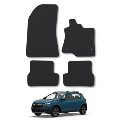 Image of Rubber Car Mats Compatible with Dacia Sandero (2020 ) Tailored Fit Floor Set Accessory Black Custom 4 Pieces Clips Anti Slip Backing, Heavy Duty &amp; Waterproof