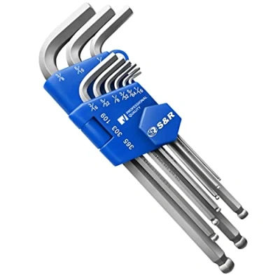 Image of S&amp;R Allen Keys, Hex Keys Ball End, Set HX. 9 Pieces. 1/16 3/8 inch, Long, in Plastic Clip. Professional Quality