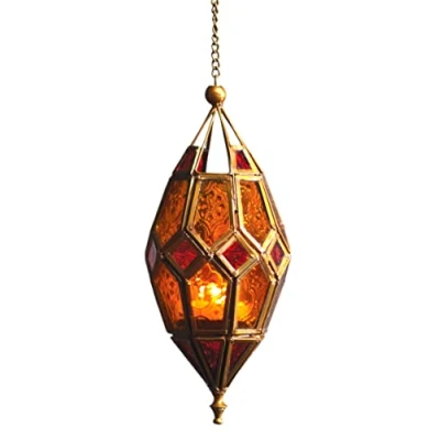 Image of Moroccan Style Hanging Glass Tealight Lantern (Medium Red/Yellow)