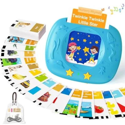 Image of HOMESTEC Toddlers Talking Flash Cards, 144 English Visual Words with Pronunciations and Sounds, British Accent, Learning Toys for Preschool Kids Gifts (Blue)