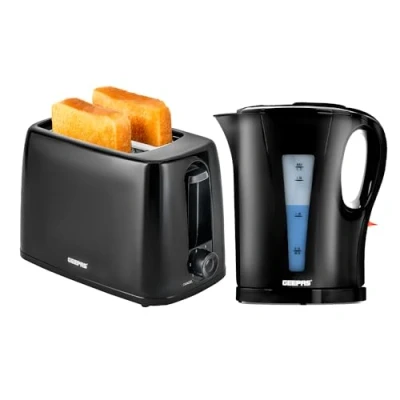 Image of Geepas Electric Kettle &amp; 2 Slice Bread Toaster Kitchen Combo Set 2200W 1.7L Cordless Jug Boil Dry Protection Auto Shut Off 650W 6 Level with Browning Control Crumb Tray Black
