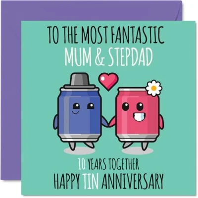 Image of Cute Tin Anniversary Card for Mum &amp; Step Dad 10 Years Together Happy 10th Wedding Cards Mum, 145mm x Greeting Tenth Anniversaries