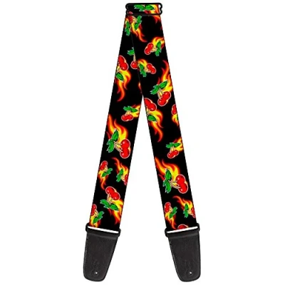 Image of Buckle Down Guitar Strap Flaming Cherries Scattered Black 2 Inches Wide