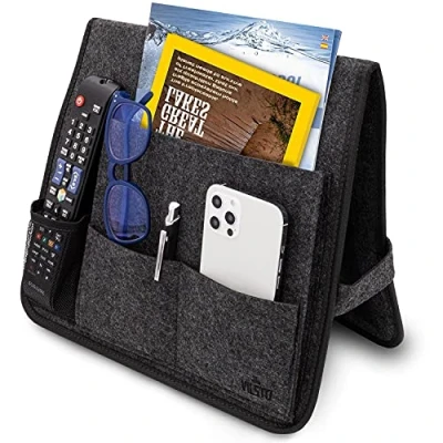 Image of VILSTO Felt Bedside Storage Caddy, Bunk Bed Organiser Storage, Hanging Organiser, Remote Control Holder, Magazine Tablet Holder for Bed, Armchair Dark Grey