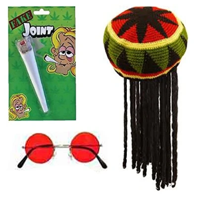 Image of Mega_Jumble® RASTA Man Fancy Dress JAMAICAN Hat Wig Spliff Glasses Dreadlocks Caribbean RAGGAE BOB MARLEY