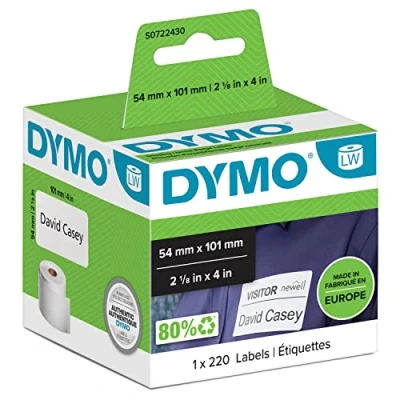 Image of DYMO Authentic LabelWriter Large Shipping Labels/Name Badges 54 mm x 101 Self Adhesive Roll of 220 Easy Peel Labels for Label Makers Made in Europe