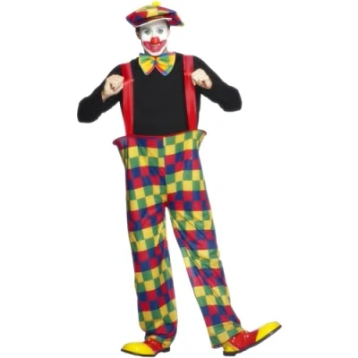 Image of Smiffys Hooped Clown Costume, Multi Coloured with Trousers, Hat and Bow Tie, Circus Fancy Dress, Dress Up Costumes