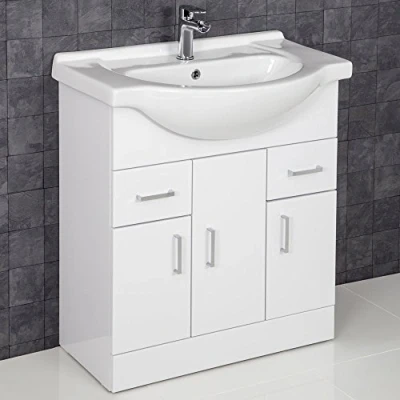 Image of 750mm Bathroom Vanity Unit &amp; Basin Sink Tap + Waste Floorstanding Gloss White