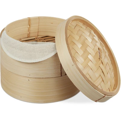 Image of Relaxdays 10027850 Bamboo Steamer Basket, 2 Tiers, for Rice, Dim Sum, Vegetables, Fish, Organic, Asian Cuisine, Ø 20.5cm, Natural, Cotton