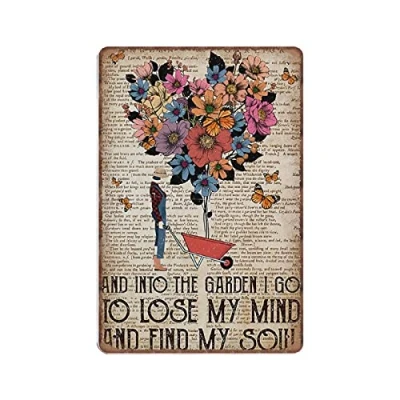 Image of DAIERCY And Into The Garden I Go to Lose My Mind Find Soul, Gardening Tin Signs Funny Vintage Metal Sign Plaqu Poster Wall Art Pub Bar Kitchen Bathroom Home Decor, 140x200 mm